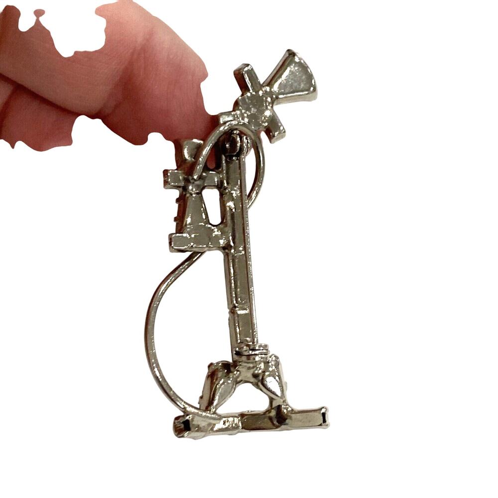Vintage brooch silvertone and clear white rhinestone antique stick telephone pin - Picture 5 of 9